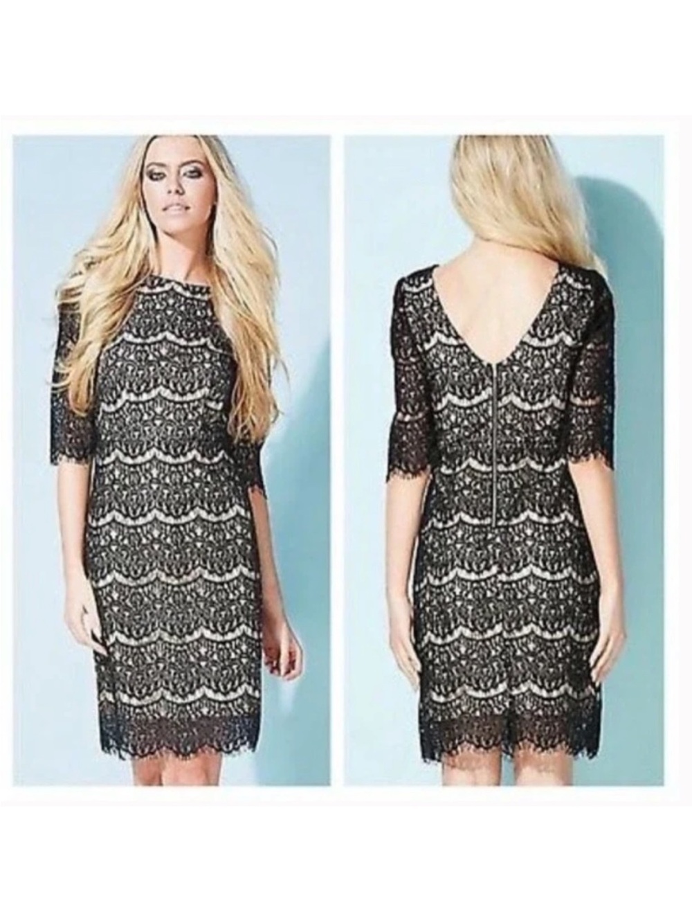 *Darling London New Black Floral Lace Over Nude Lining Size 14 Midi Dress A178